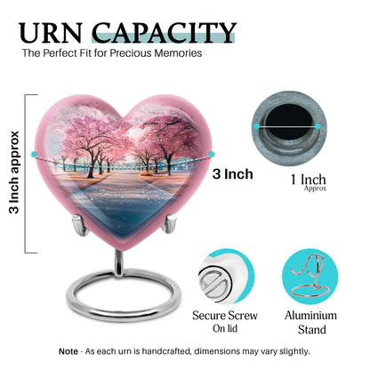Vivid Teal Cherry Blossom Cremation Urn front view showing detailed design - compassionate heart-cherry blossom combination with gentle curves - mini keepsake memorial for portion of cremation ashes