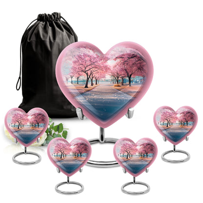 Deep Teal Cherry Blossom Cremation Urn close-up of engraving and surface detail - romantic heart urn with cherry blossom motif on aluminum - memorial set with one large and four small urns