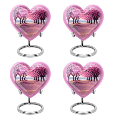 Soft Pink Cherry Blossom Cremation Urn angled view of lid and engraved motif - compassionate heart-cherry blossom combination with gentle curves - 10 inch aluminum urn for cremated remains