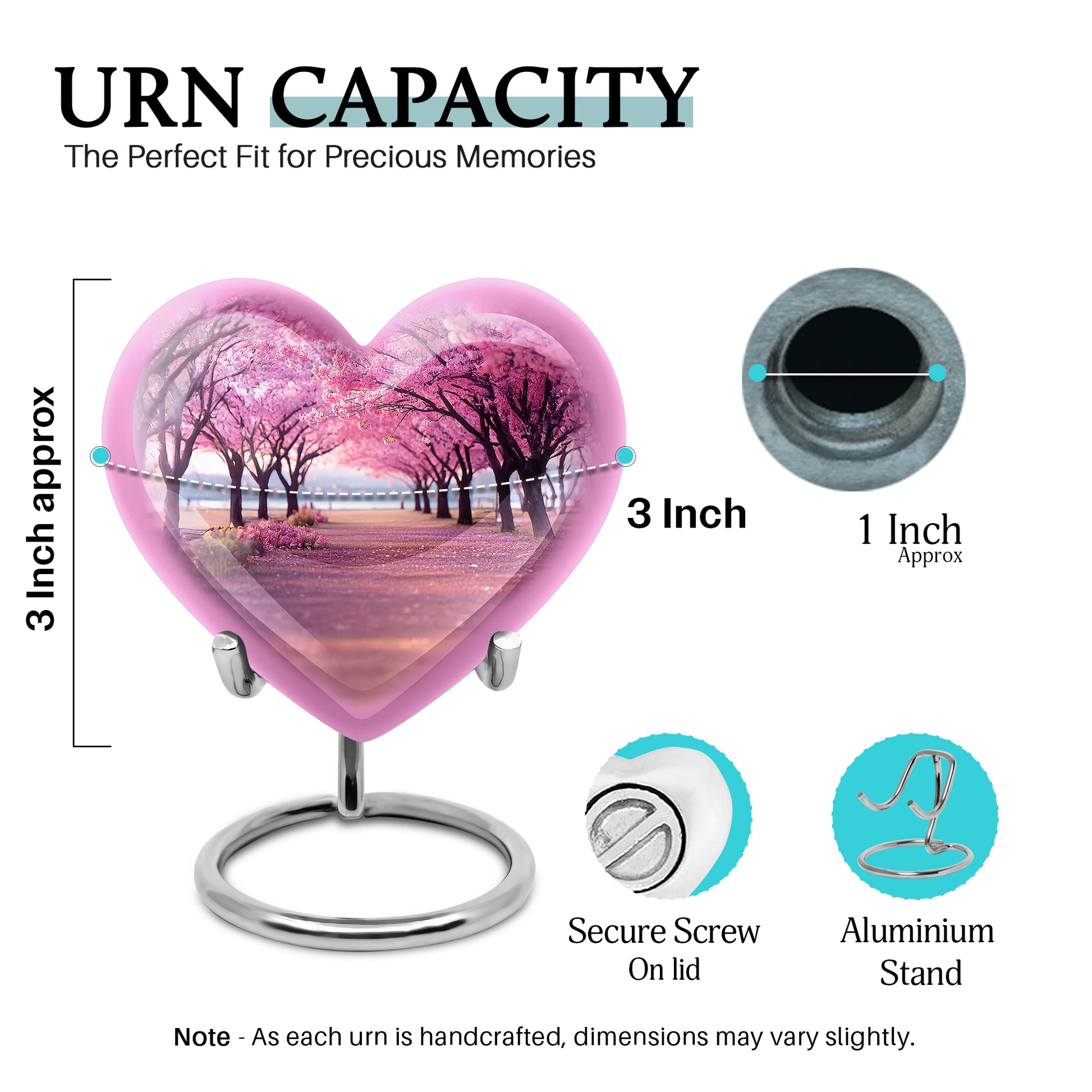 Vintage Pink Cherry Blossom Cremation Urn front view showing detailed design - romantic heart urn with cherry blossom motif on aluminum - mini keepsake memorial for portion of cremation ashes