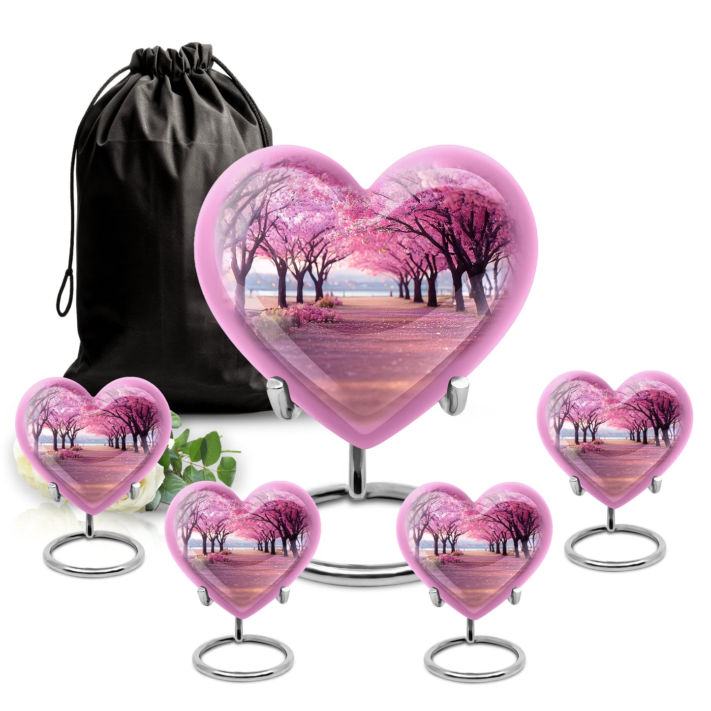 Rose Pink Cherry Blossom Cremation Urn close-up of engraving and surface detail - loving heart memorial featuring cherry blossom pattern - memorial set with one large and four small urns