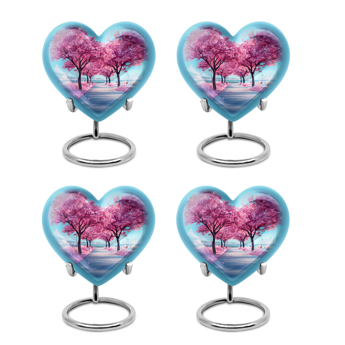 Cobalt Blue Cherry Blossom Cremation Urn angled view of lid and engraved motif - compassionate heart-cherry blossom combination with gentle curves - 10 inch aluminum urn for cremated remains