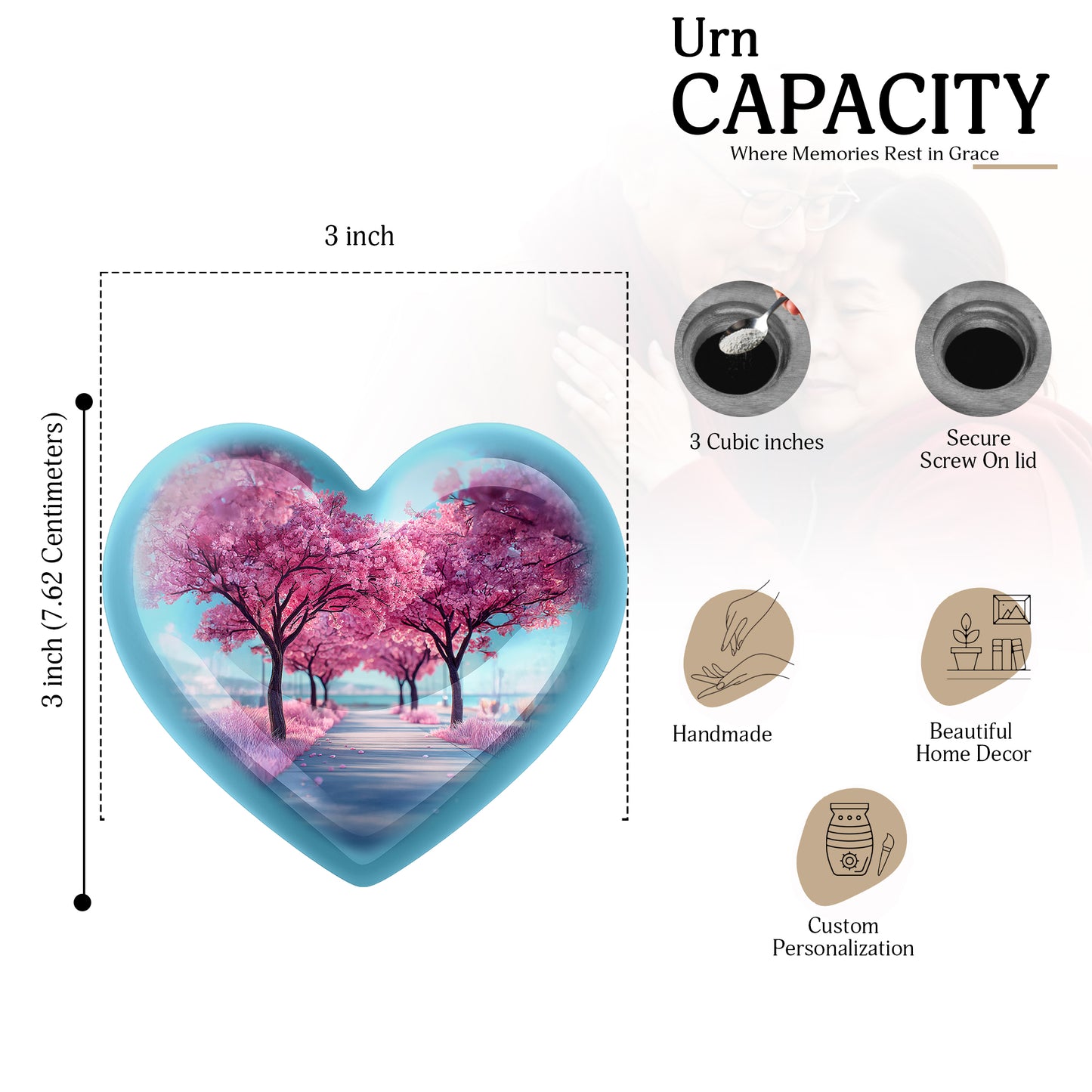 Misty Blue Cherry Blossom Cremation Urn front view showing detailed design - heart-shaped cherry blossom design symbolizing eternal love - mini keepsake memorial for portion of cremation ashes