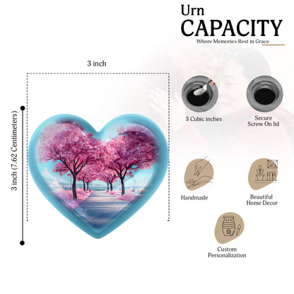 Misty Blue Cherry Blossom Cremation Urn front view showing detailed design - heart-shaped cherry blossom design symbolizing eternal love - mini keepsake memorial for portion of cremation ashes