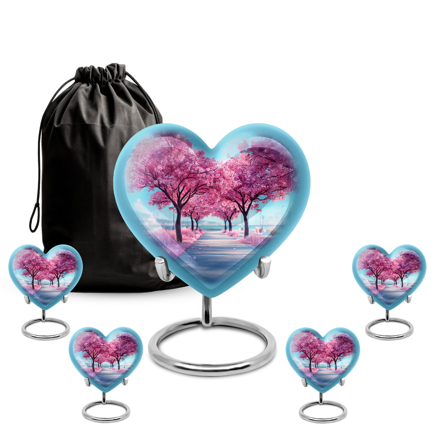 Cobalt Blue Cherry Blossom Cremation Urn close-up of engraving and surface detail - compassionate heart-cherry blossom combination with gentle curves - memorial set with one large and four small urns