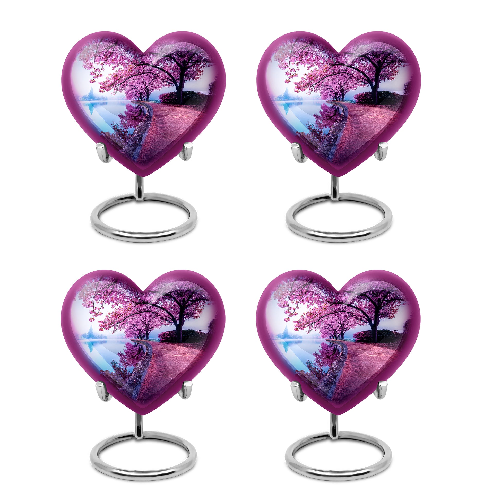 Misty Blue Cherry Blossom Cremation Urn angled view of lid and engraved motif - heart-shaped cherry blossom design symbolizing eternal love - 10 inch aluminum urn for cremated remains