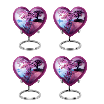 Misty Blue Cherry Blossom Cremation Urn angled view of lid and engraved motif - heart-shaped cherry blossom design symbolizing eternal love - 10 inch aluminum urn for cremated remains