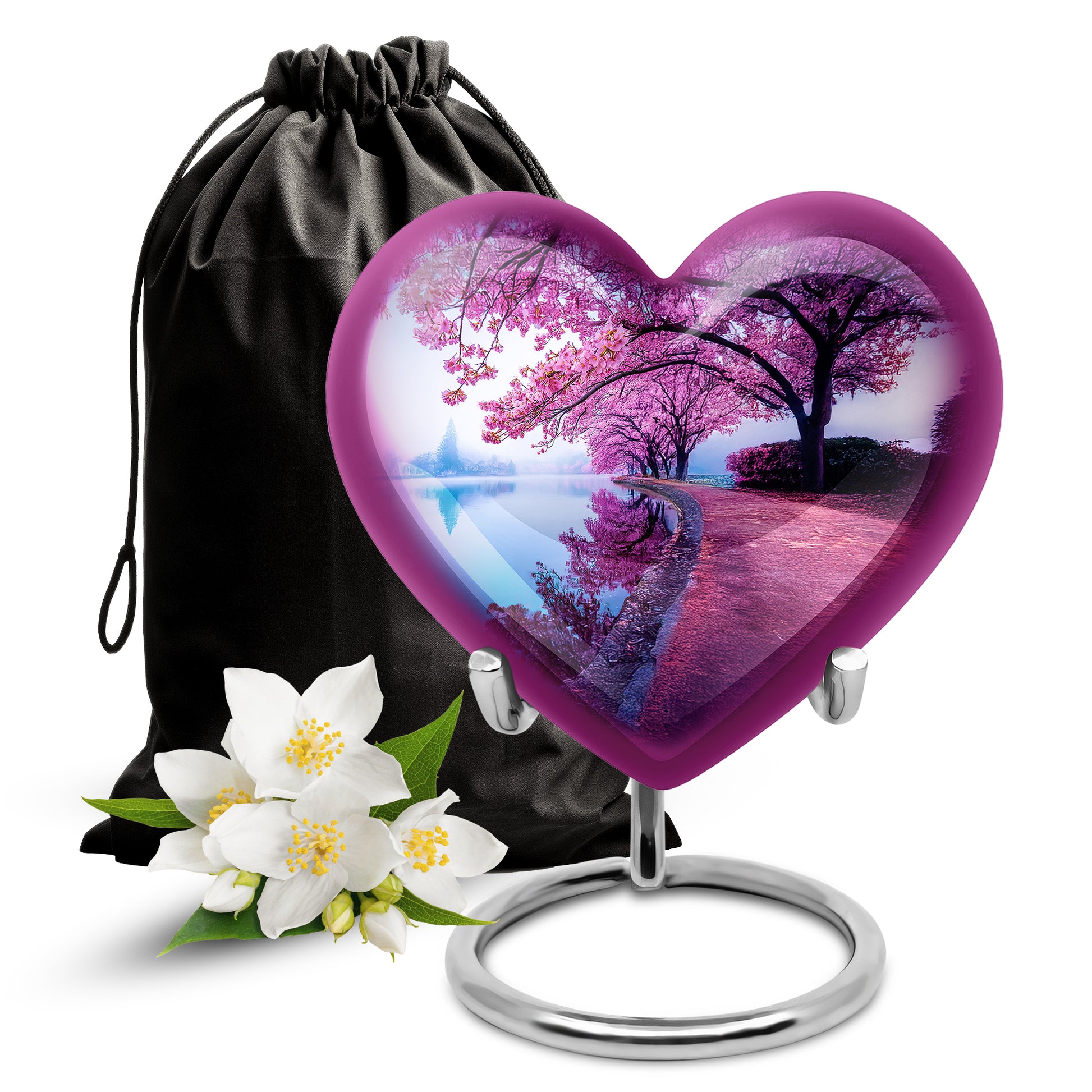 Vivid Blue Cherry Blossom Cremation Urn detail view - compassionate heart-cherry blossom combination with gentle curves - full-size 10 inch 200 cubic inch adult cremation urn