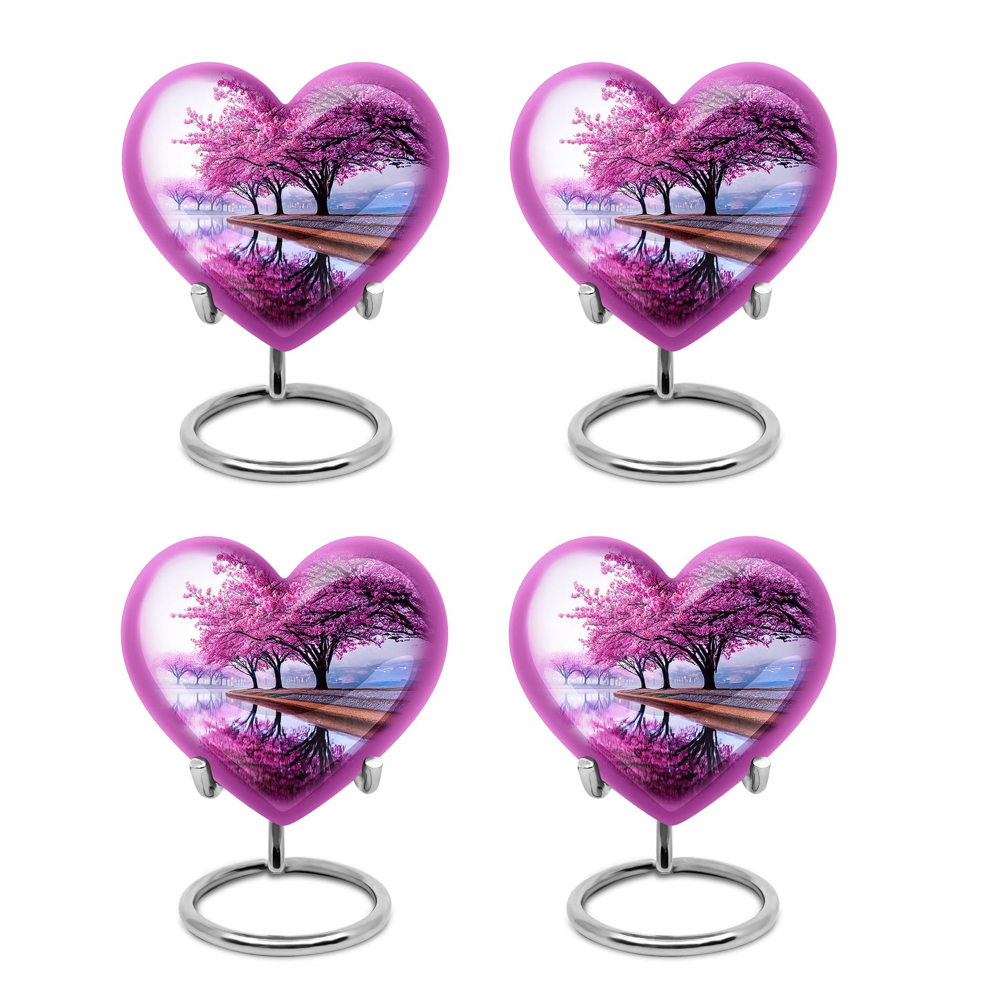 Pure White Cherry Blossom Cremation Urn angled view of lid and engraved motif - heart-shaped cherry blossom design symbolizing eternal love - 10 inch aluminum urn for cremated remains