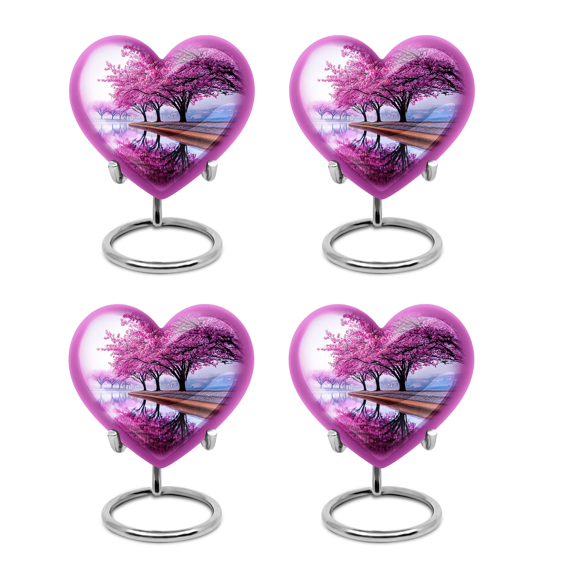 Pure White Cherry Blossom Cremation Urn angled view of lid and engraved motif - heart-shaped cherry blossom design symbolizing eternal love - 10 inch aluminum urn for cremated remains