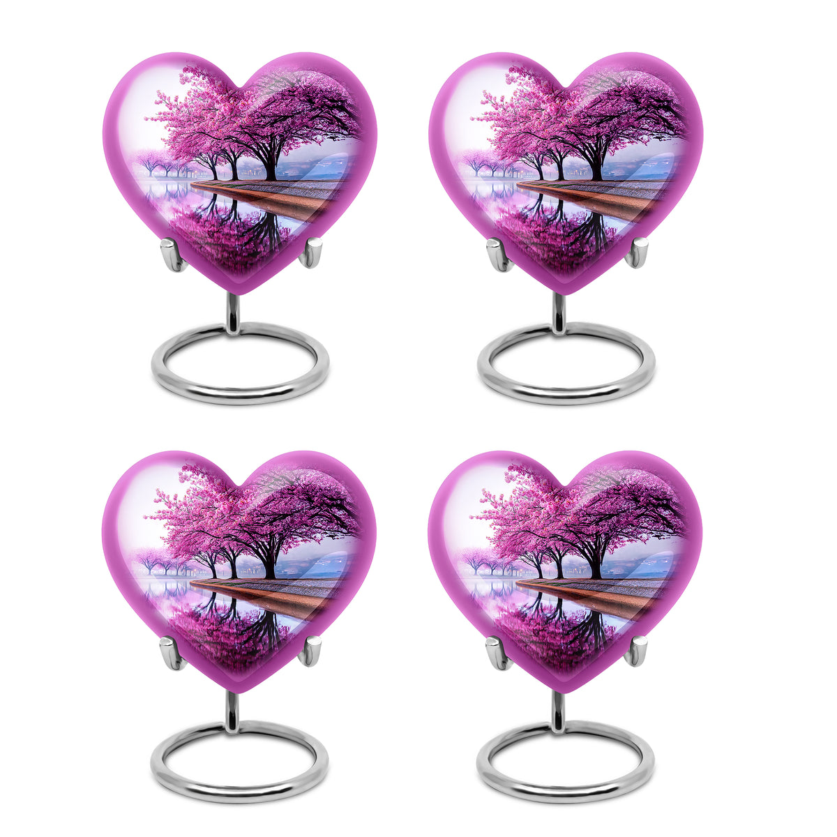 Pure White Cherry Blossom Cremation Urn angled view of lid and engraved motif - heart-shaped cherry blossom design symbolizing eternal love - 10 inch aluminum urn for cremated remains