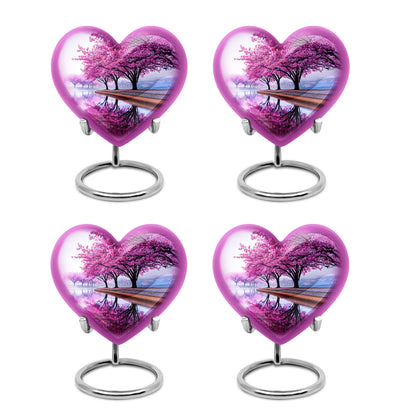 Pure White Cherry Blossom Cremation Urn angled view of lid and engraved motif - heart-shaped cherry blossom design symbolizing eternal love - 10 inch aluminum urn for cremated remains
