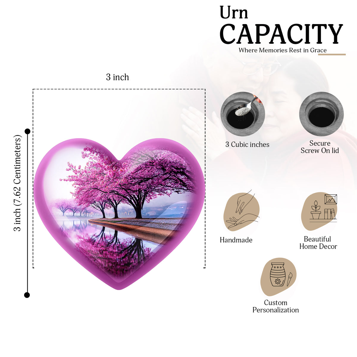 Pure White Cherry Blossom Cremation Urn front view showing detailed design - loving heart memorial featuring cherry blossom pattern - mini keepsake memorial for portion of cremation ashes