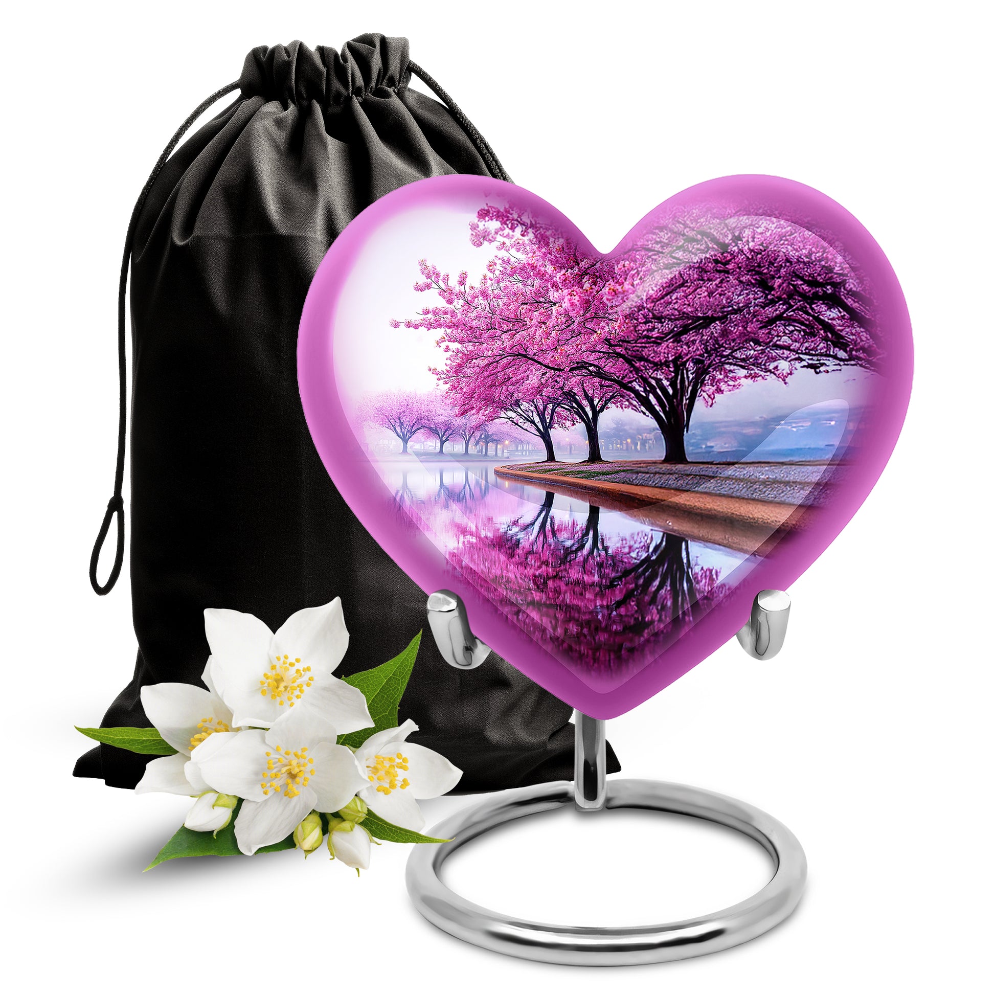 Frost White Cherry Blossom Cremation Urn detail view - heart-shaped cherry blossom design symbolizing eternal love - full-size 10 inch 200 cubic inch adult cremation urn