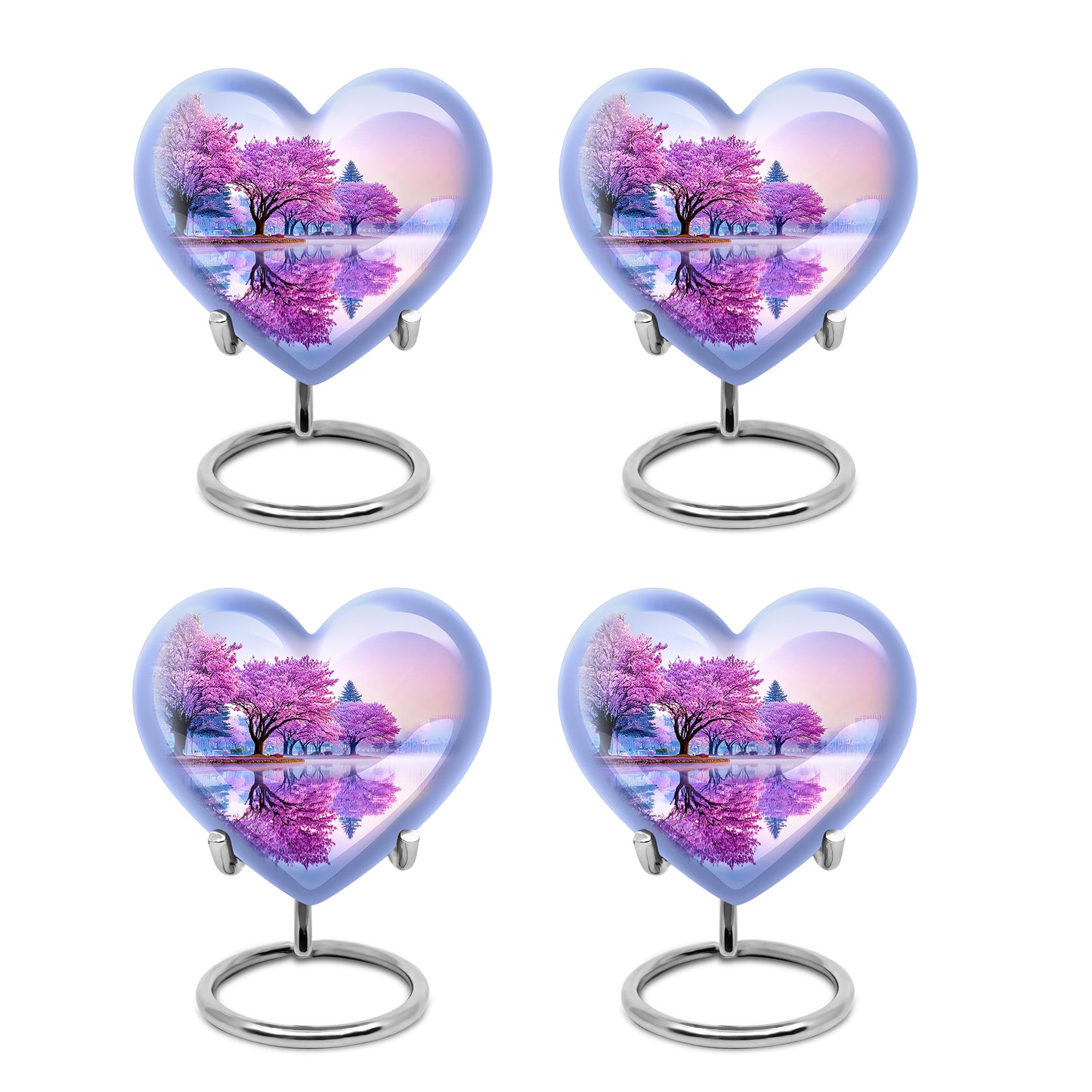 Cream White Cherry Blossom Cremation Urn angled view of lid and engraved motif - compassionate heart-cherry blossom combination with gentle curves - 10 inch aluminum urn for cremated remains
