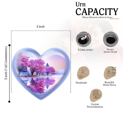 Pearl White Cherry Blossom Cremation Urn front view showing detailed design - romantic heart urn with cherry blossom motif on aluminum - mini keepsake memorial for portion of cremation ashes