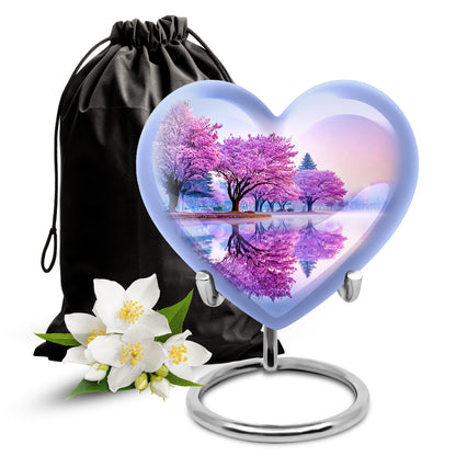 Silk White Cherry Blossom Cremation Urn detail view - compassionate heart-cherry blossom combination with gentle curves - full-size 10 inch 200 cubic inch adult cremation urn