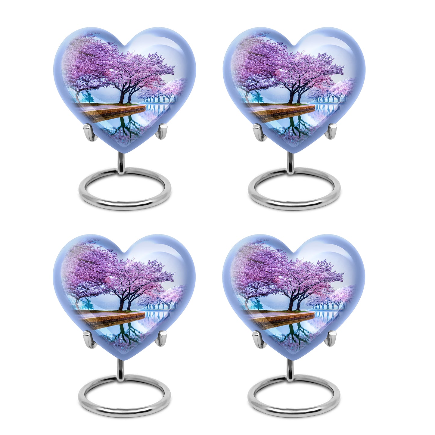 Serene Blue Cherry Blossom Cremation Urn angled view of lid and engraved motif - romantic heart urn with cherry blossom motif on aluminum - 10 inch aluminum urn for cremated remains