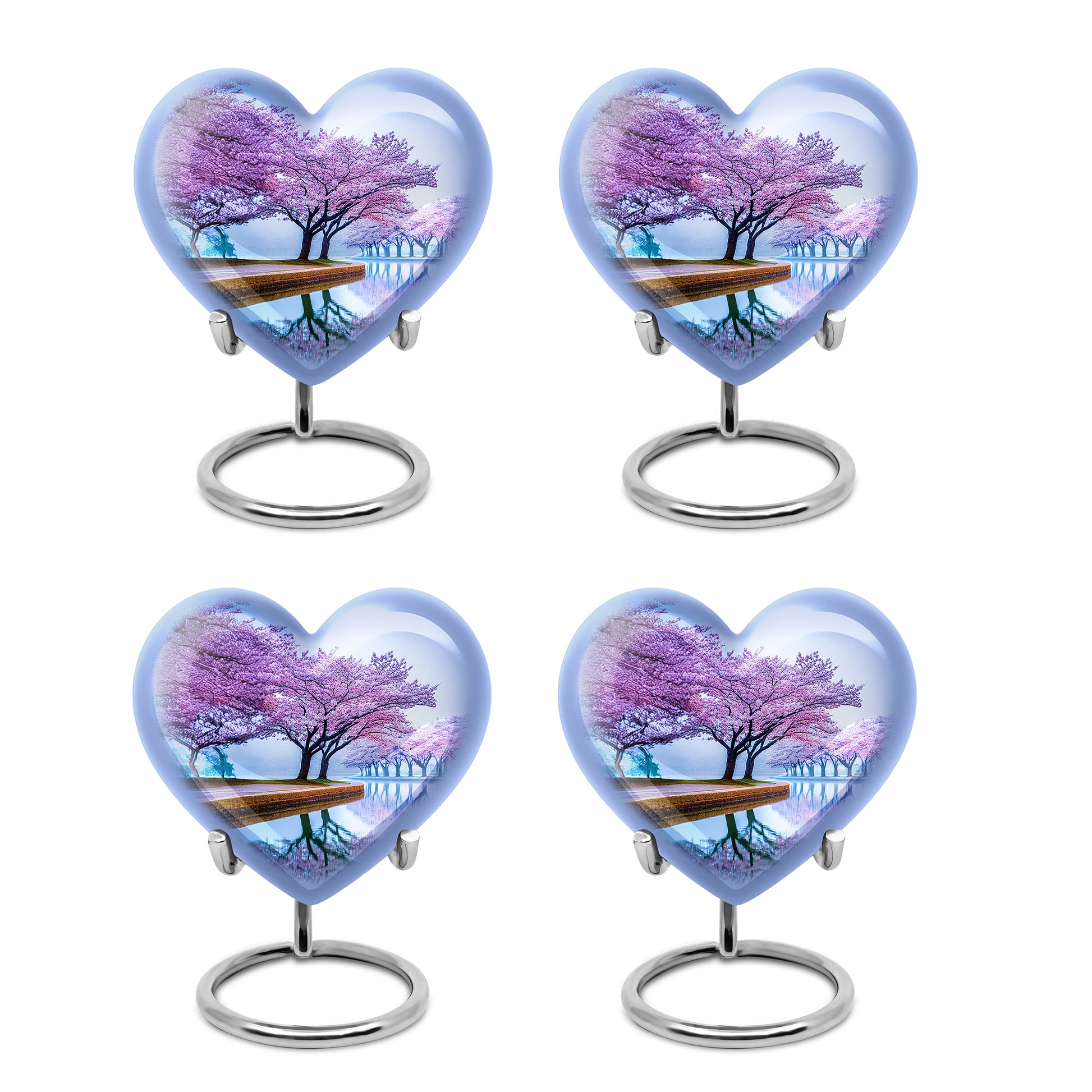 Serene Blue Cherry Blossom Cremation Urn angled view of lid and engraved motif - romantic heart urn with cherry blossom motif on aluminum - 10 inch aluminum urn for cremated remains