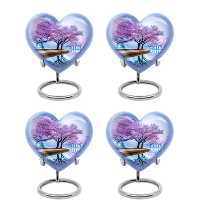 Serene Blue Cherry Blossom Cremation Urn angled view of lid and engraved motif - romantic heart urn with cherry blossom motif on aluminum - 10 inch aluminum urn for cremated remains