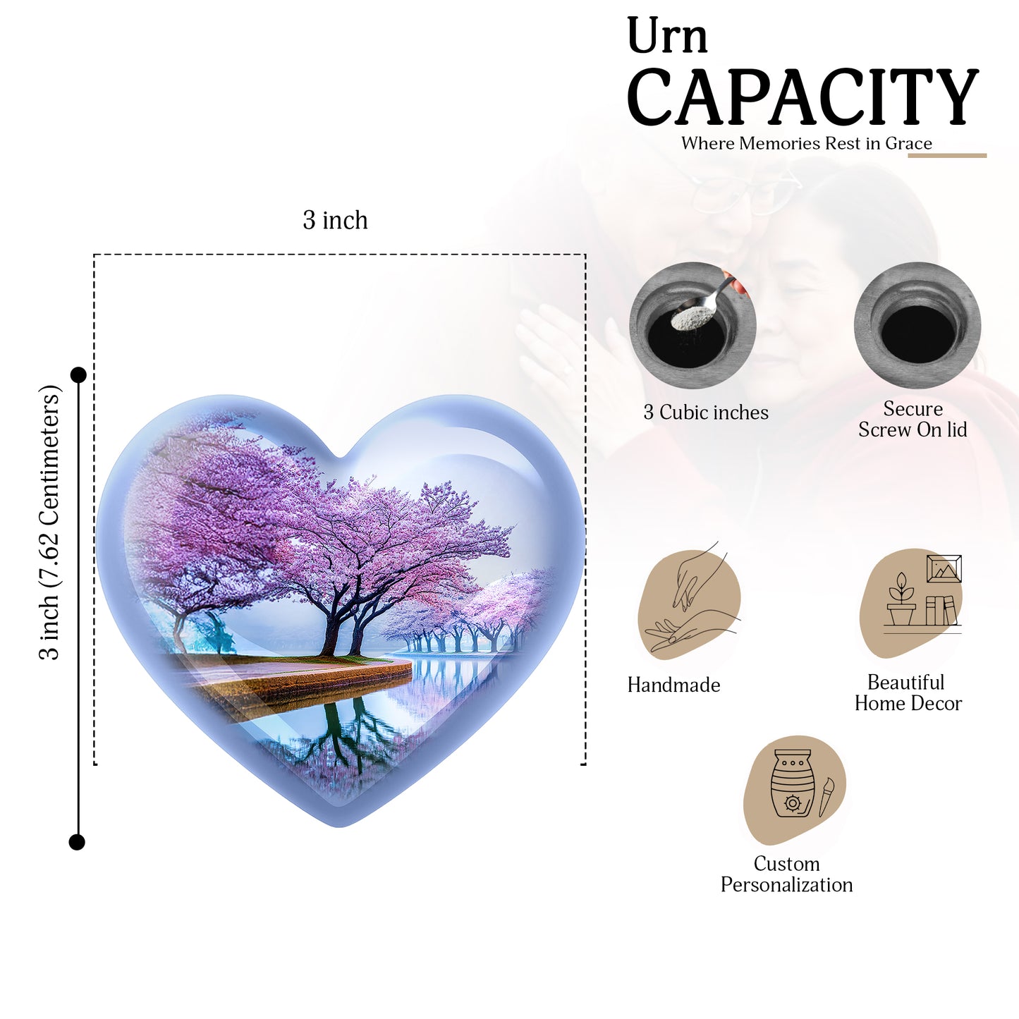 Powder Blue Cherry Blossom Cremation Urn front view showing detailed design - heart-shaped cherry blossom design symbolizing eternal love - mini keepsake memorial for portion of cremation ashes
