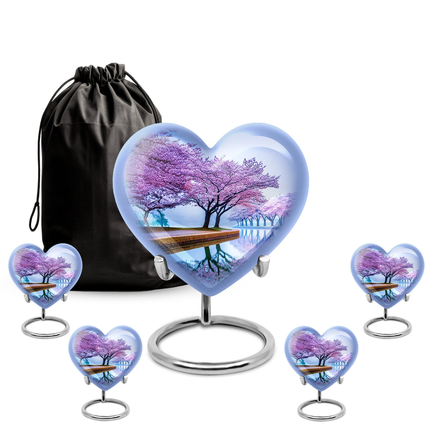 Pastel Blue Cherry Blossom Cremation Urn close-up of engraving and surface detail - loving heart memorial featuring cherry blossom pattern - memorial set with one large and four small urns