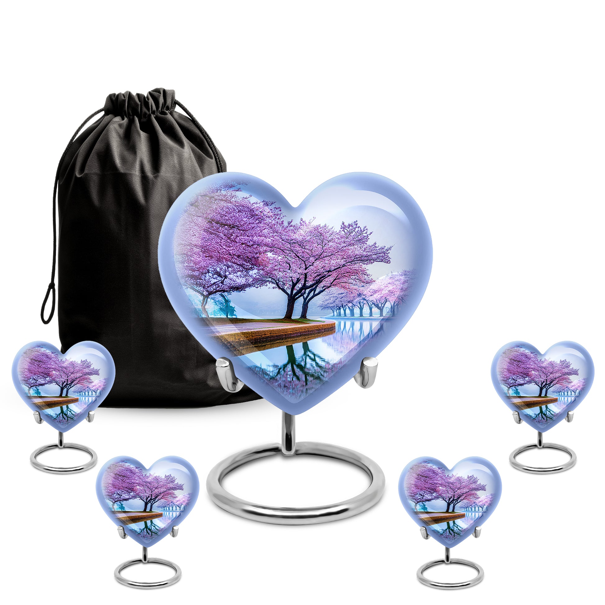 Pastel Blue Cherry Blossom Cremation Urn close-up of engraving and surface detail - loving heart memorial featuring cherry blossom pattern - memorial set with one large and four small urns
