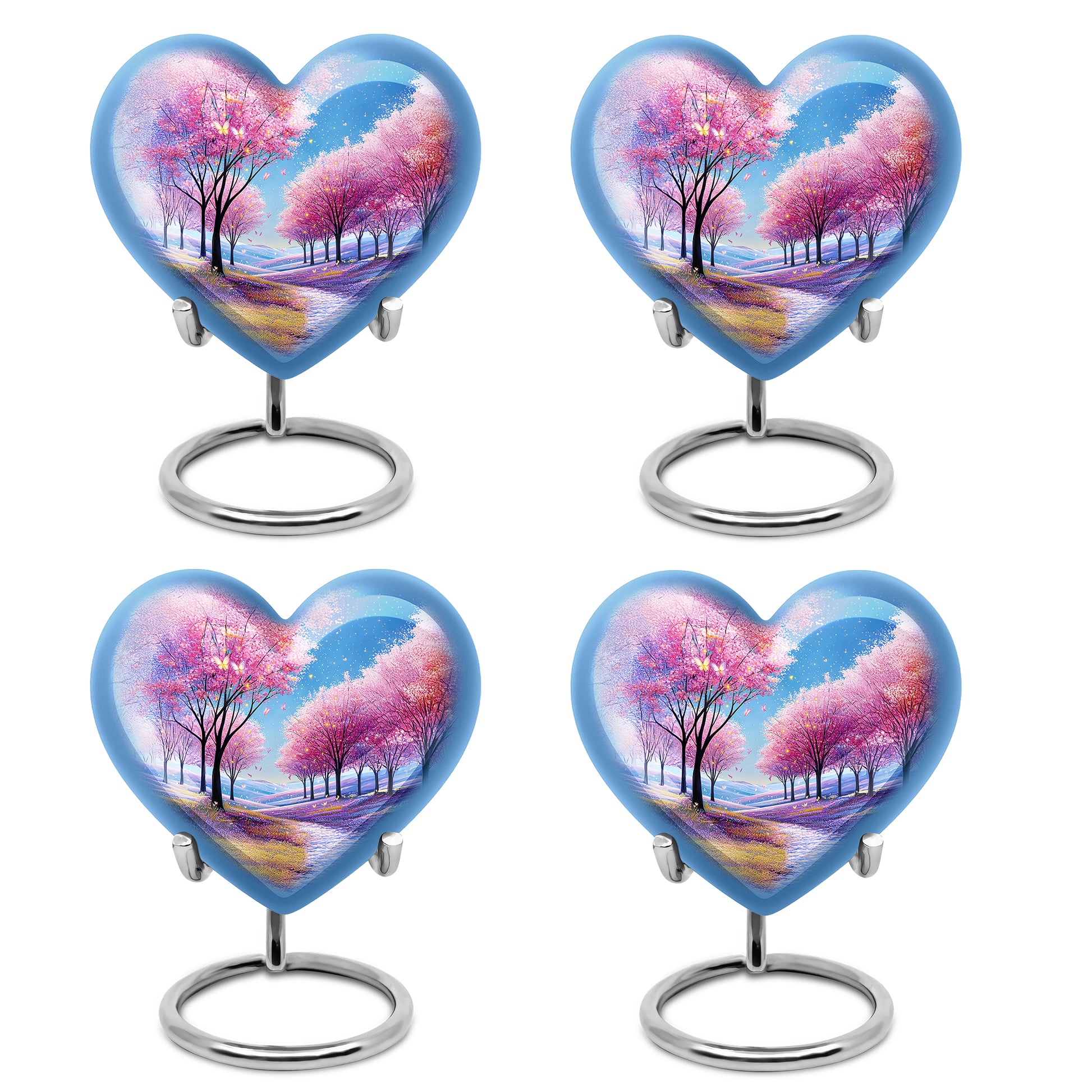 Azure Cherry Blossom Cremation Urn angled view of lid and engraved motif - heart-shaped cherry blossom design symbolizing eternal love - 10 inch aluminum urn for cremated remains