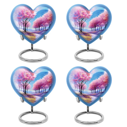 Azure Cherry Blossom Cremation Urn angled view of lid and engraved motif - heart-shaped cherry blossom design symbolizing eternal love - 10 inch aluminum urn for cremated remains