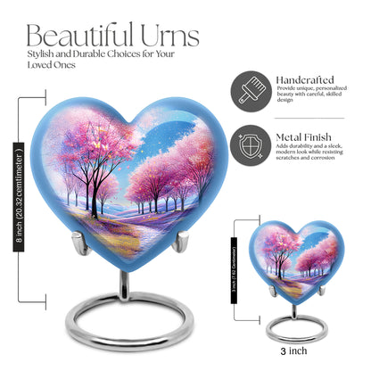 Azure Cherry Blossom Cremation Urn front view showing detailed design - heart-shaped cherry blossom design symbolizing eternal love - mini keepsake memorial for portion of cremation ashes