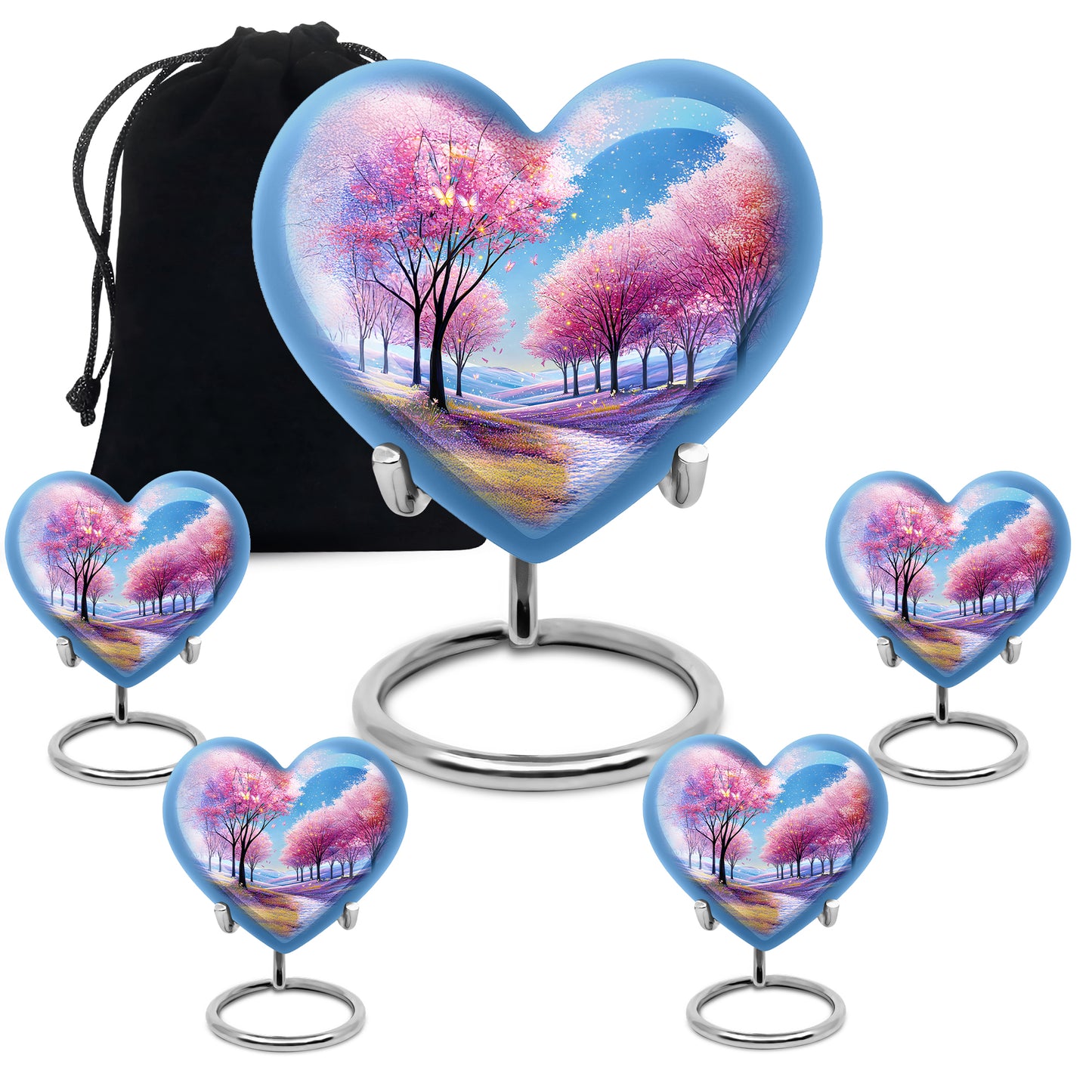 Twilight Blue Cherry Blossom Cremation Urn close-up of engraving and surface detail - compassionate heart-cherry blossom combination with gentle curves - memorial set with one large and four small urns