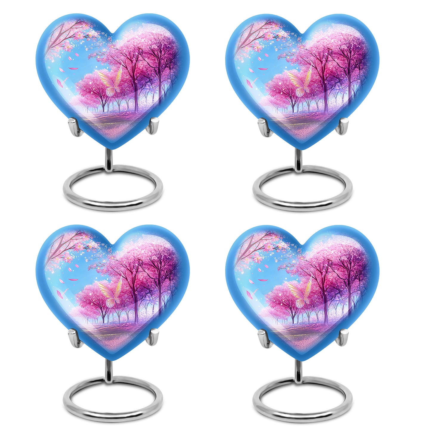Orchid Purple Cherry Blossom Cremation Urn angled view of lid and engraved motif - heart-shaped cherry blossom design symbolizing eternal love - 10 inch aluminum urn for cremated remains