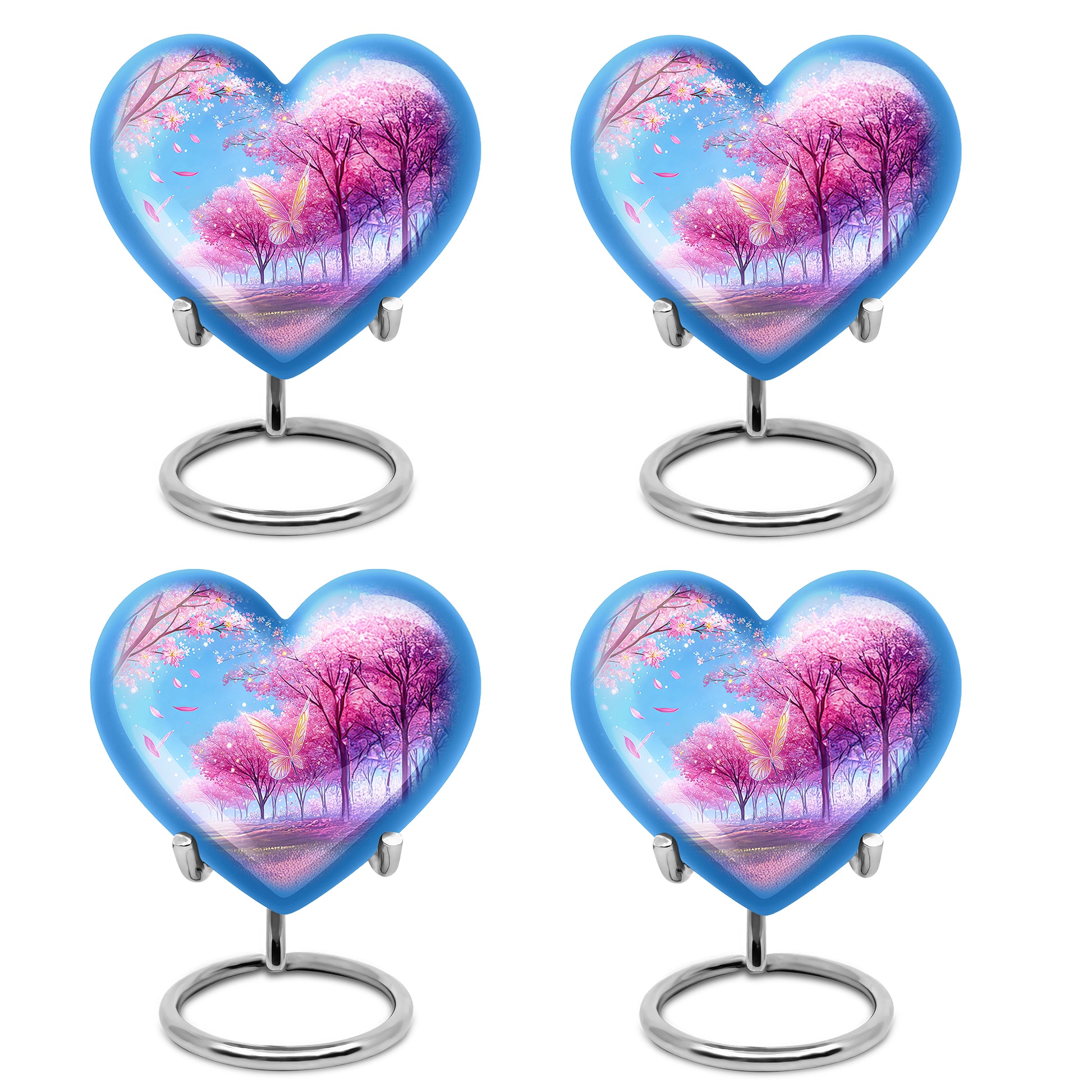 Orchid Purple Cherry Blossom Cremation Urn angled view of lid and engraved motif - heart-shaped cherry blossom design symbolizing eternal love - 10 inch aluminum urn for cremated remains