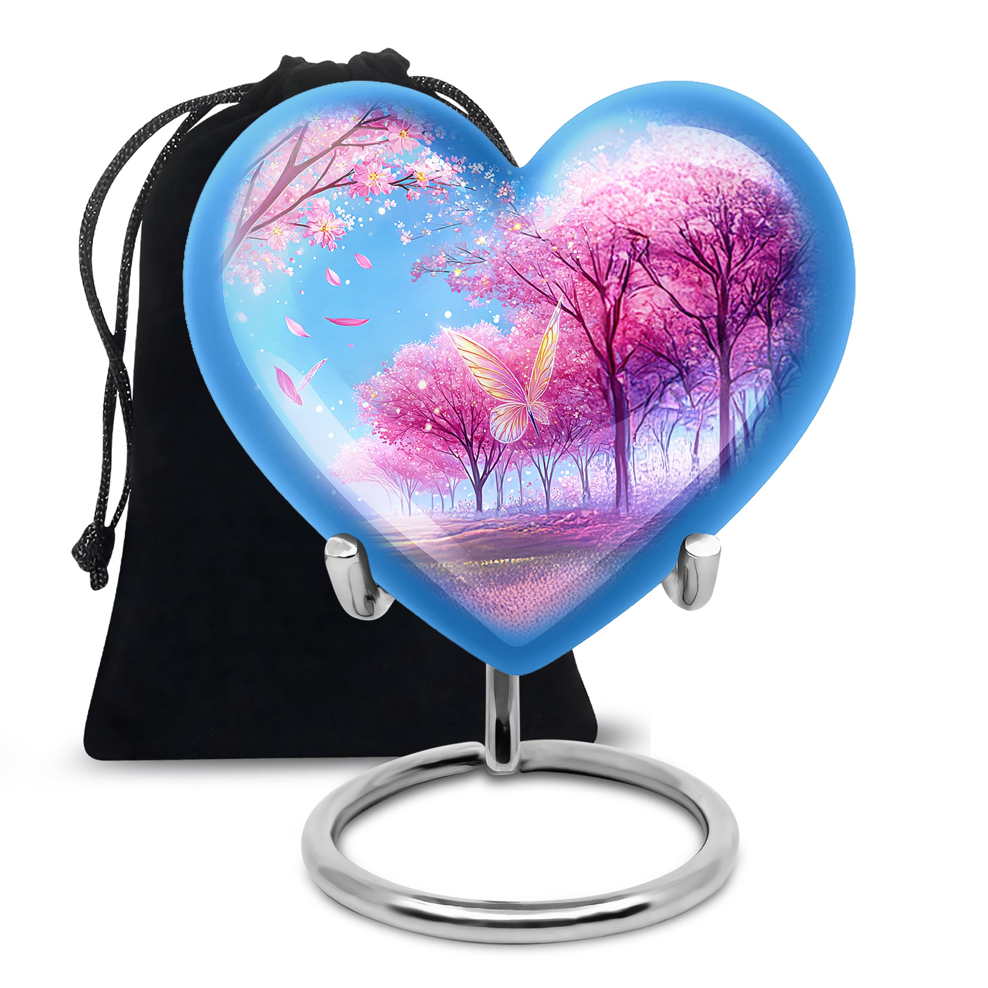 Royal Purple Cherry Blossom Cremation Urn detail view - romantic heart urn with cherry blossom motif on aluminum - full-size 10 inch 200 cubic inch adult cremation urn