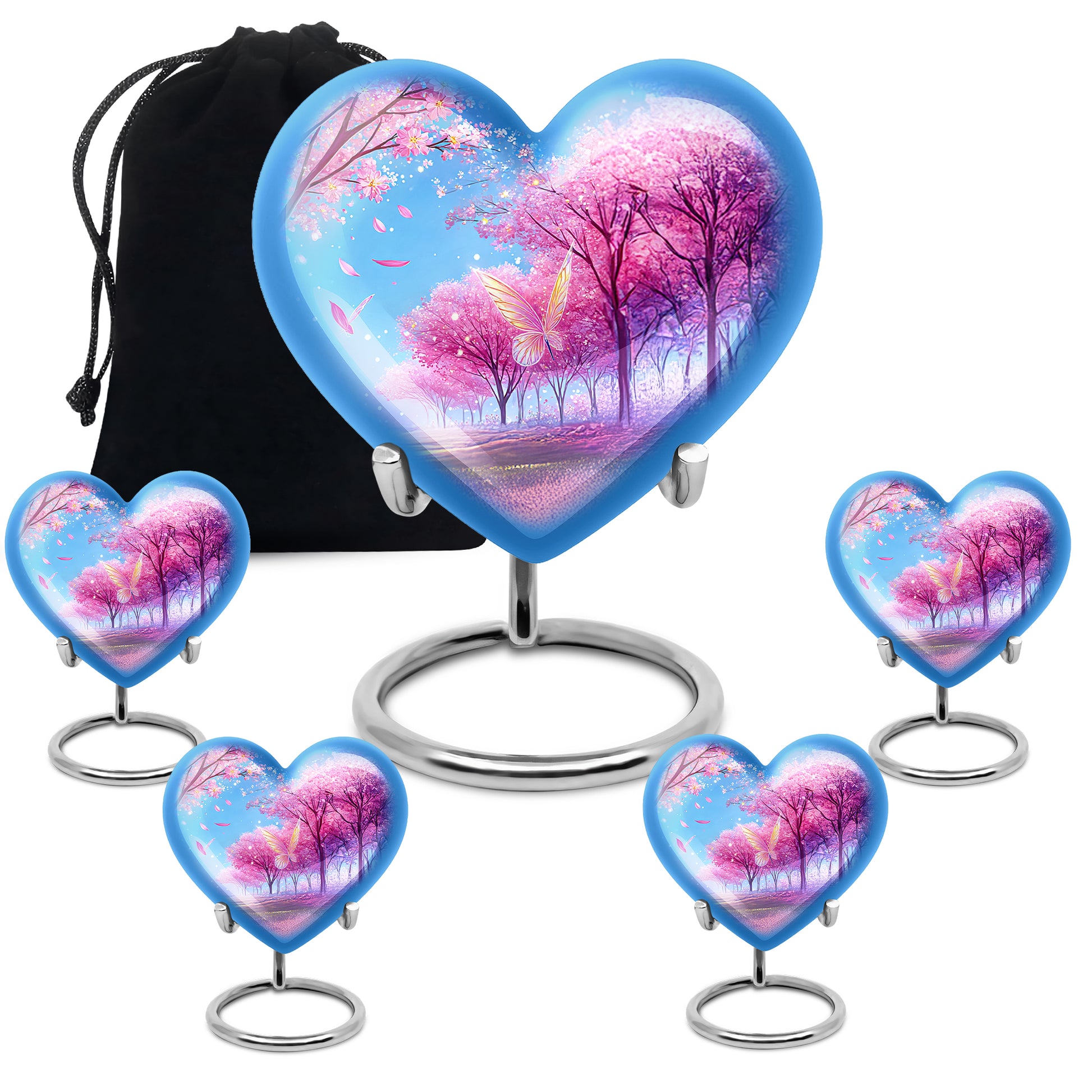 Majestic Purple Cherry Blossom Cremation Urn close-up of engraving and surface detail - loving heart memorial featuring cherry blossom pattern - memorial set with one large and four small urns