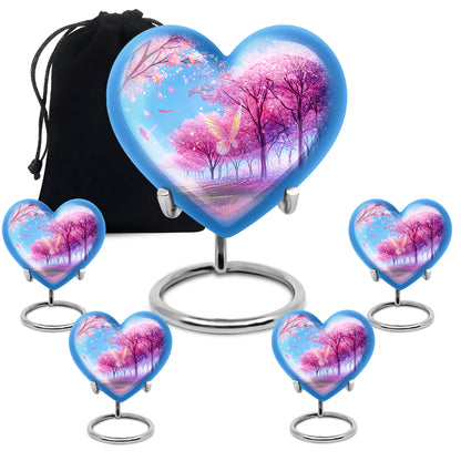 Majestic Purple Cherry Blossom Cremation Urn close-up of engraving and surface detail - loving heart memorial featuring cherry blossom pattern - memorial set with one large and four small urns