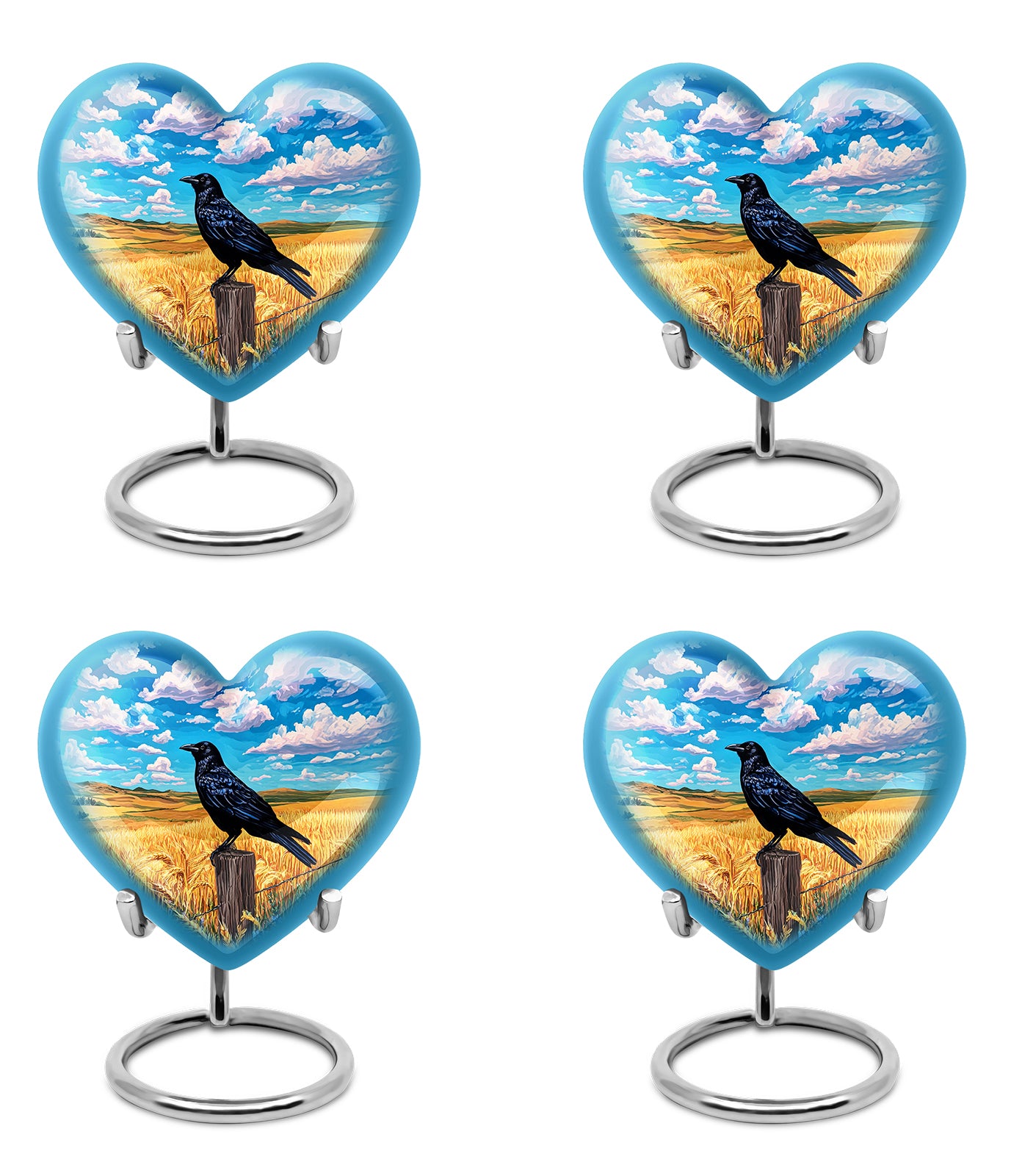 Indigo Crow Cremation Urn angled view of lid and engraved motif - heart-shaped crow design symbolizing eternal love - 10 inch aluminum urn for cremated remains