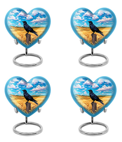 Indigo Crow Cremation Urn angled view of lid and engraved motif - heart-shaped crow design symbolizing eternal love - 10 inch aluminum urn for cremated remains