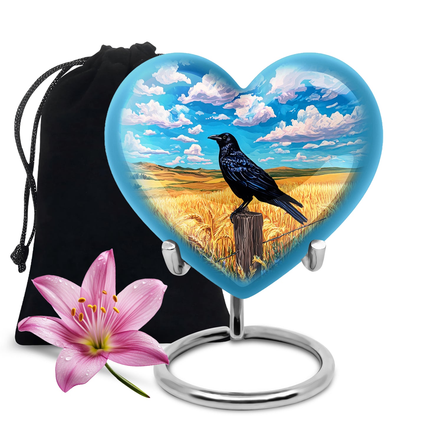 Twilight Blue Crow Cremation Urn detail view - romantic heart urn with crow motif on aluminum - full-size 10 inch 200 cubic inch adult cremation urn