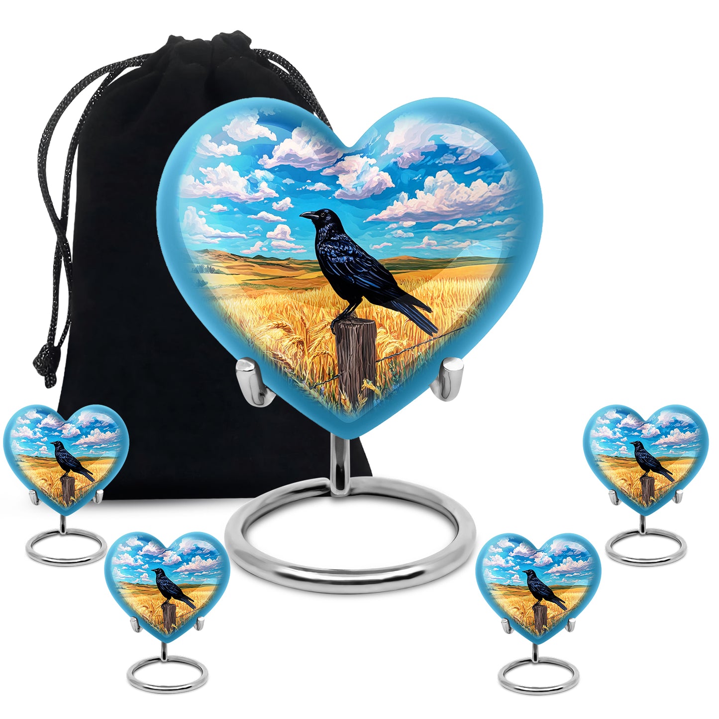 Icy Blue Crow Cremation Urn close-up of engraving and surface detail - heart-shaped crow design symbolizing eternal love - memorial set with one large and four small urns