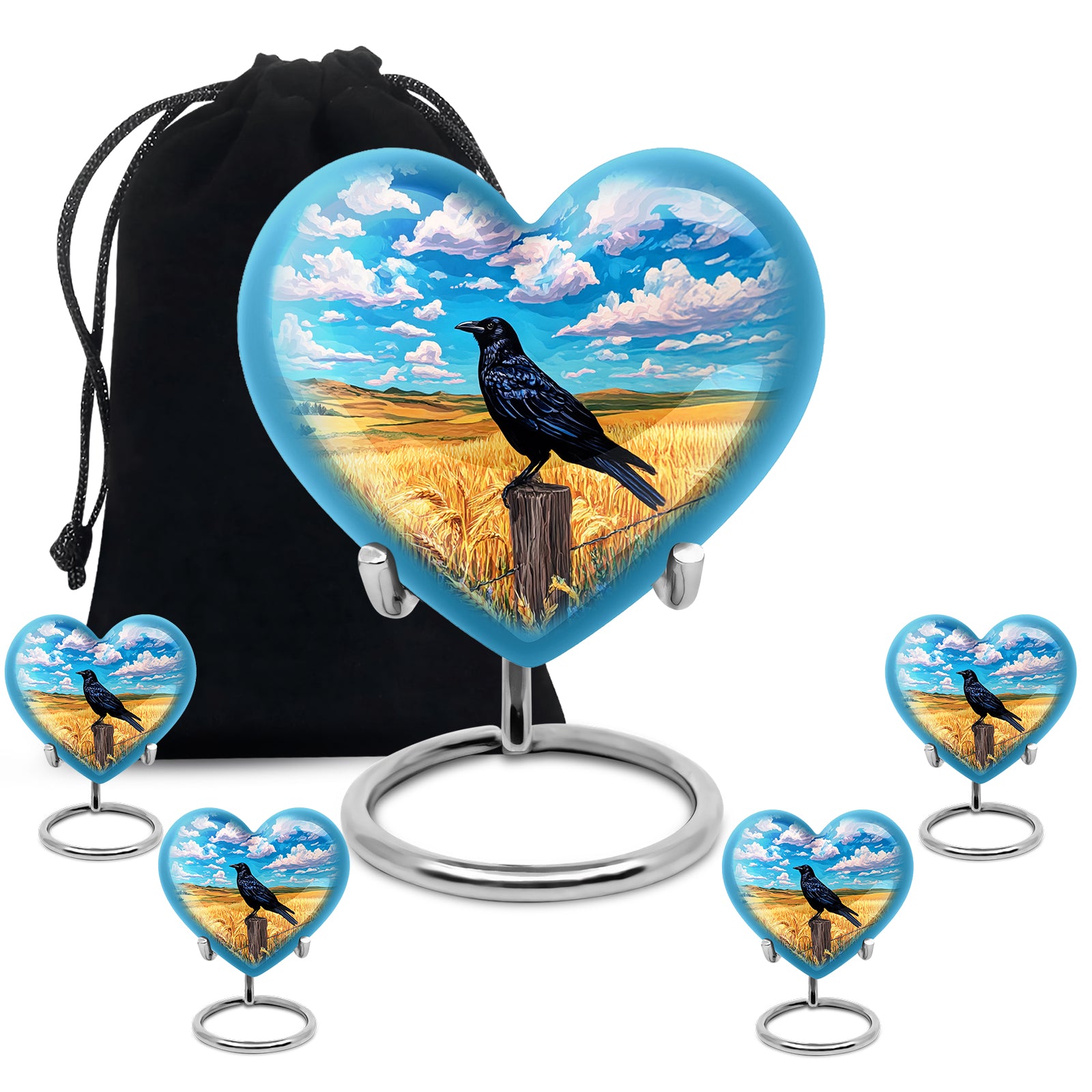 Icy Blue Crow Cremation Urn close-up of engraving and surface detail - heart-shaped crow design symbolizing eternal love - memorial set with one large and four small urns