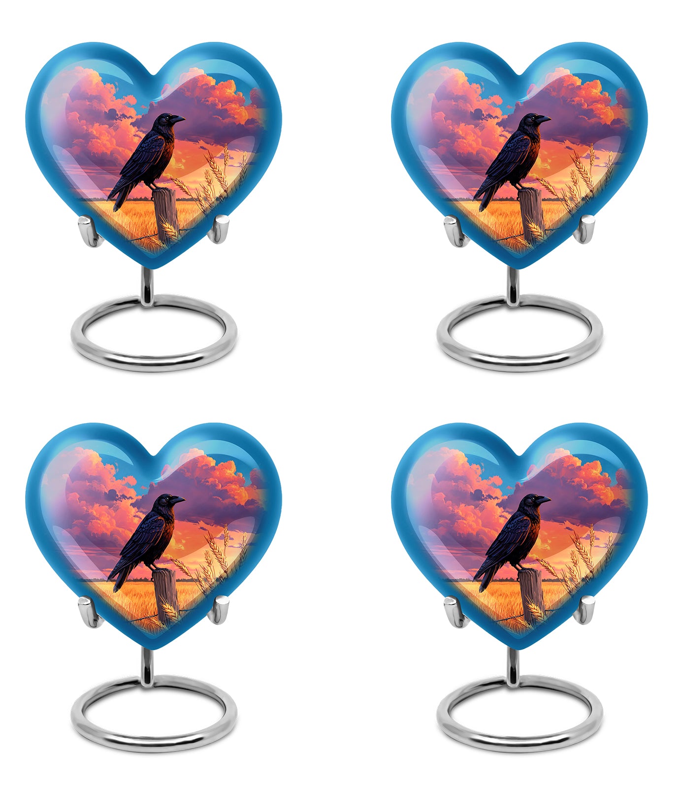 Dusty Blue Crow Cremation Urn angled view of lid and engraved motif - heart-shaped crow design symbolizing eternal love - 10 inch aluminum urn for cremated remains