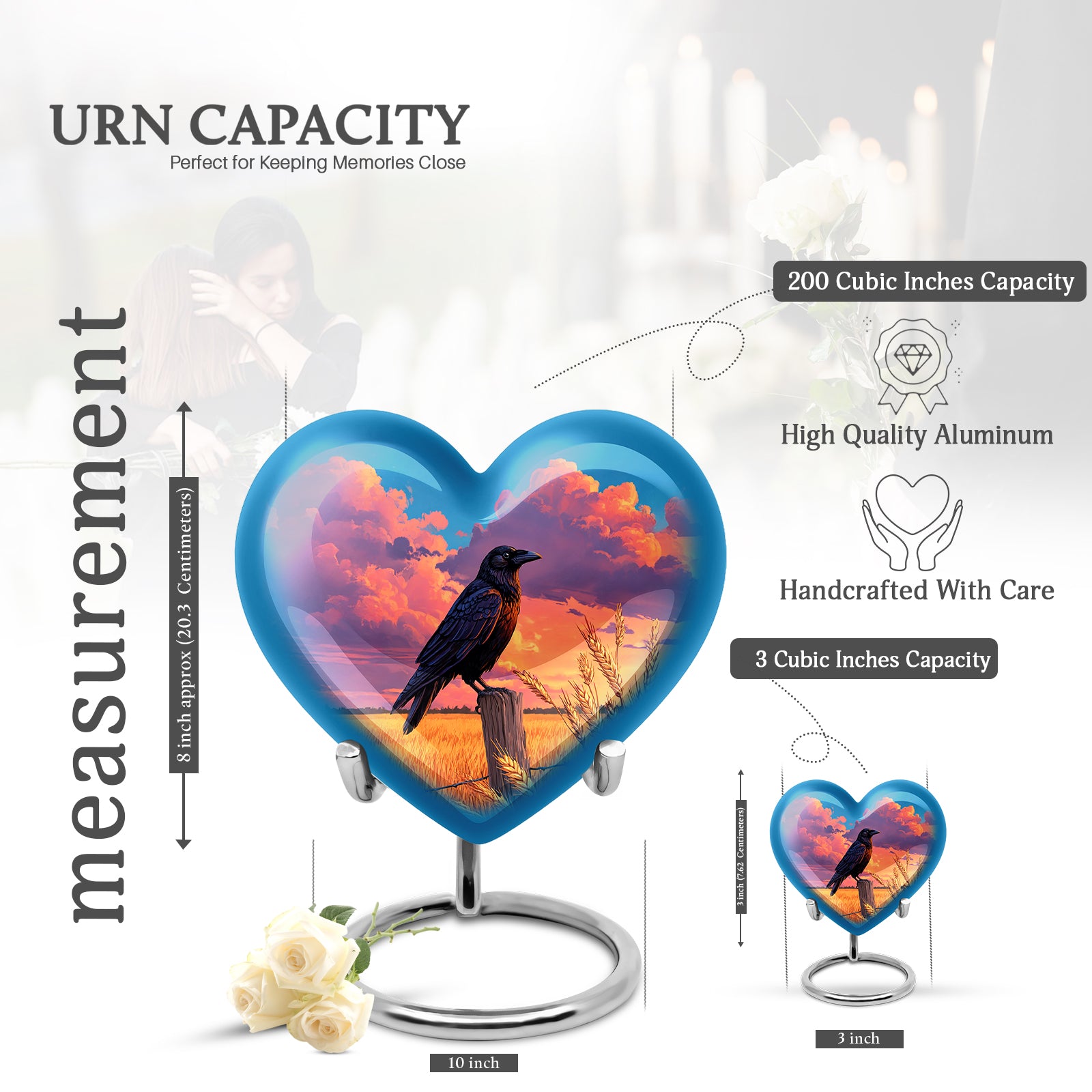 Dusty Blue Crow Cremation Urn front view showing detailed design - heart-shaped crow design symbolizing eternal love - mini keepsake memorial for portion of cremation ashes
