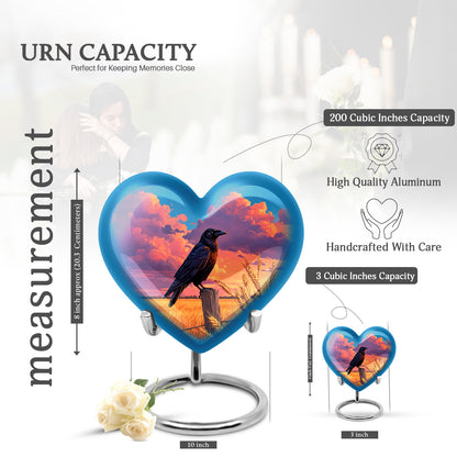 Dusty Blue Crow Cremation Urn front view showing detailed design - heart-shaped crow design symbolizing eternal love - mini keepsake memorial for portion of cremation ashes