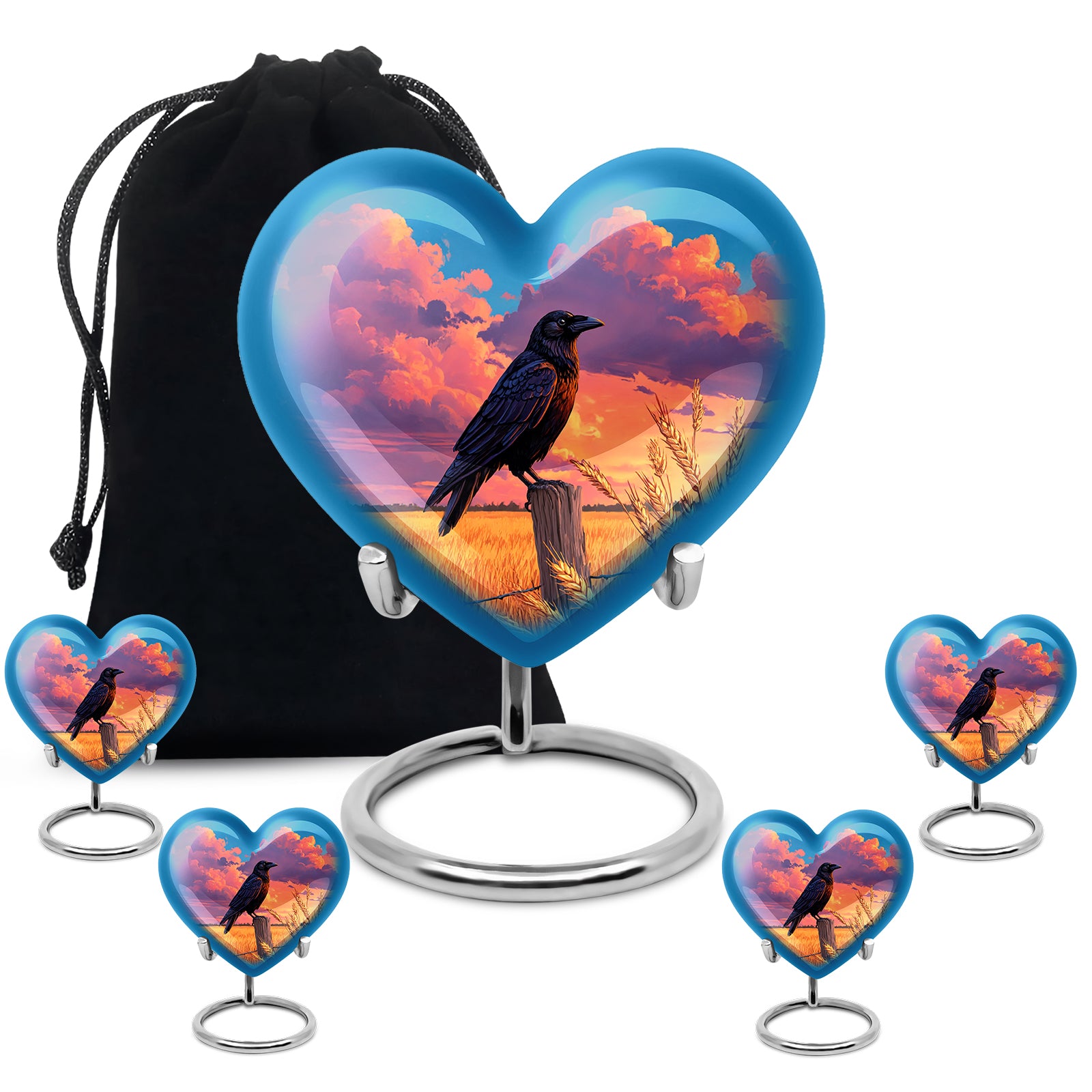 Azure Crow Cremation Urn close-up of engraving and surface detail - heart-shaped crow design symbolizing eternal love - memorial set with one large and four small urns