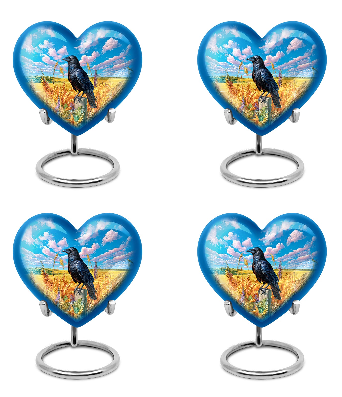 Sapphire Blue Crow Cremation Urn angled view of lid and engraved motif - romantic heart urn with crow motif on aluminum - 10 inch aluminum urn for cremated remains