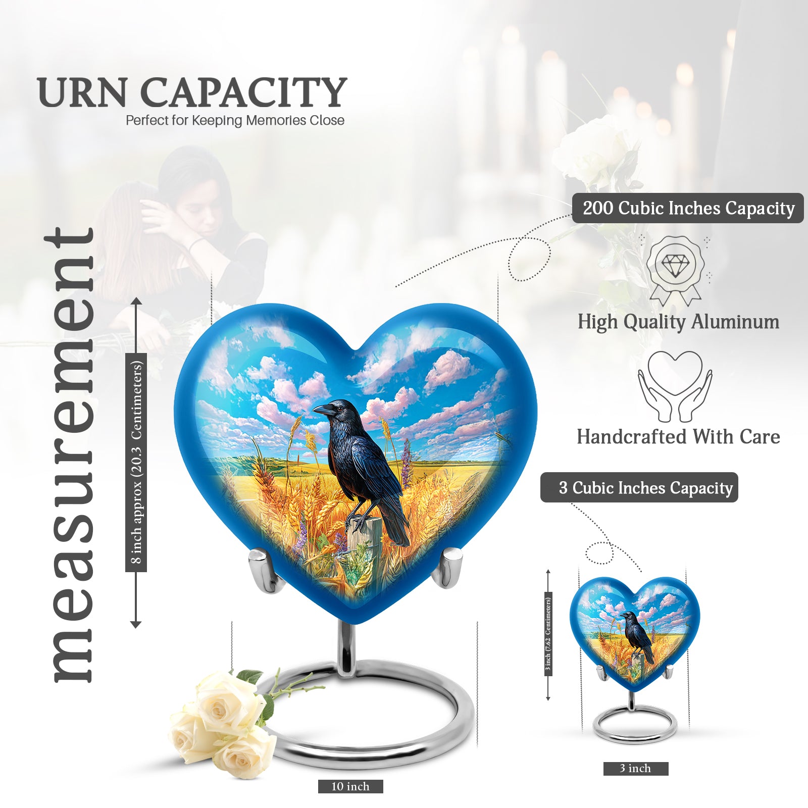 Pastel Blue Crow Cremation Urn front view showing detailed design - loving heart memorial featuring crow pattern - mini keepsake memorial for portion of cremation ashes
