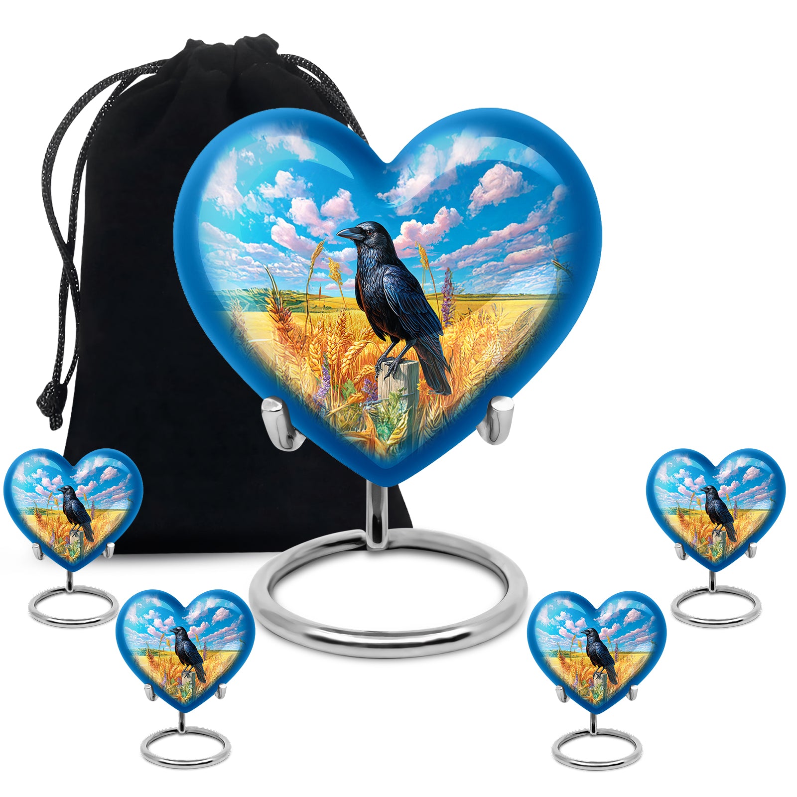 Celestial Blue Crow Cremation Urn close-up of engraving and surface detail - heart-shaped crow design symbolizing eternal love - memorial set with one large and four small urns