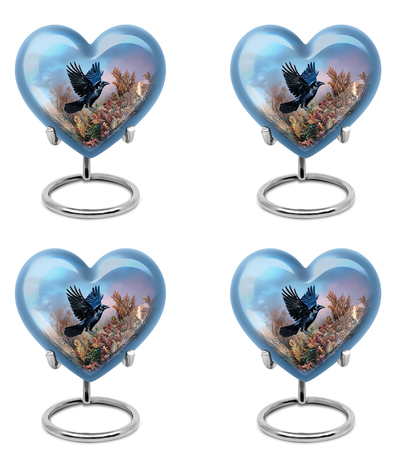 Soft Blue Crow Cremation Urn angled view of lid and engraved motif - compassionate heart-crow combination with gentle curves - 10 inch aluminum urn for cremated remains