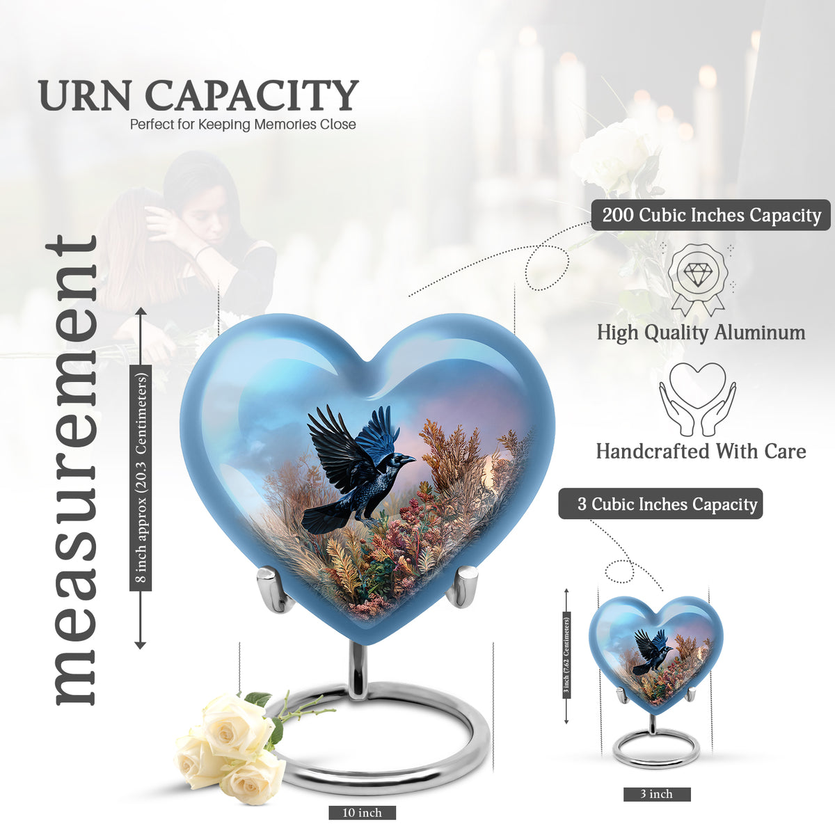 Azure Crow Cremation Urn front view showing detailed design - loving heart memorial featuring crow pattern - mini keepsake memorial for portion of cremation ashes